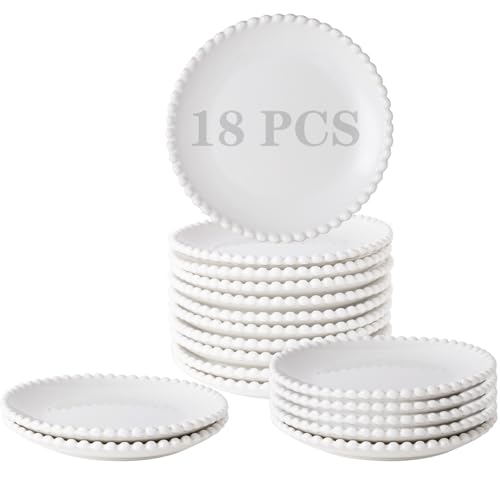 OMAYKEY 5.5 Inch White Ceramic Dessert Plates Set of 18, Small Salad Plates, Porcelain Round Shaped Dinner Plates, Appetizer Plates for Cake Waffles Snacks Side Dish, Oven Microwave Dishwasher Safe