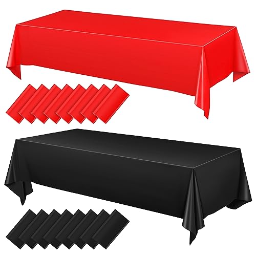 Moukeren 16 Pack Plastic Tablecloths Bulk 54 x 108 Inch Disposable Rectangle Table Covers Waterproof Party Table Cloths for Indoor or Outdoor Events Birthday Party Decor Supplies (Red,Black)