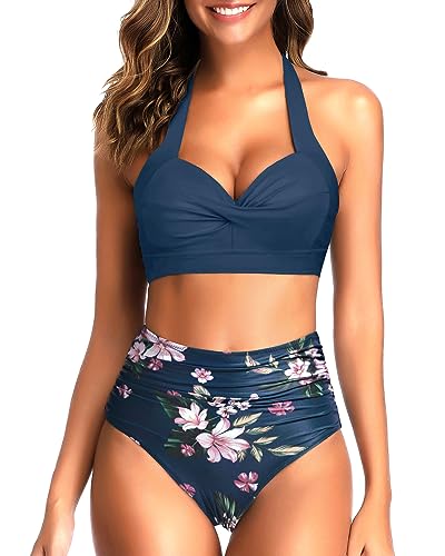 Tempt Me Women's Vintage Swimsuits Navy Floral Retro Halter Ruched High Waist Bikini with Bottom L