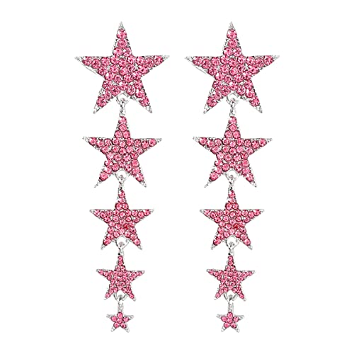 Kercisbeauty Pink Crystal Stars Pendant Long Earrings Statement Jewelry for Women Fashion Party (Pink)