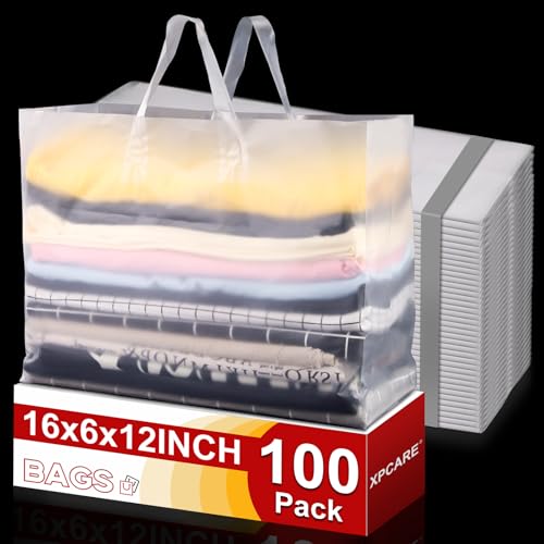 XPCARE 100Pack Frosted Plastic Gift Bags, 16x6x12 Clear Plastic Bags with Handles for Small Business, Boutiques, Retail Stores, Gifts & Merchandise(White)