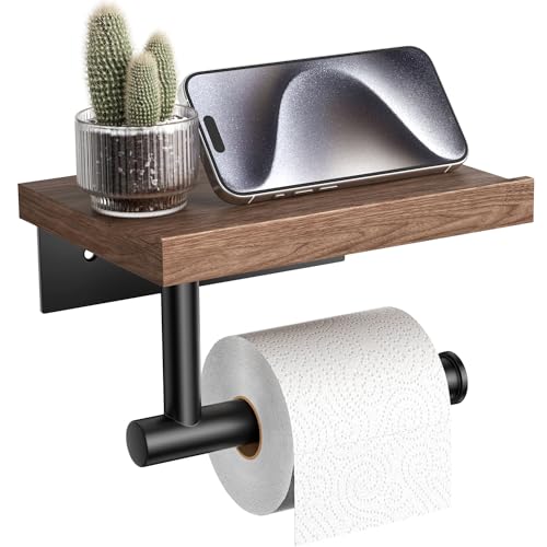 Tindbea Toilet Paper Holder with Wood Shelf, Wooden Wall Mount Tissue Paper Roll Holder, Matte Black Stainless Steel Bathroom Accessories Decor Household Home Apartment Restroom Essentials (Walnut)