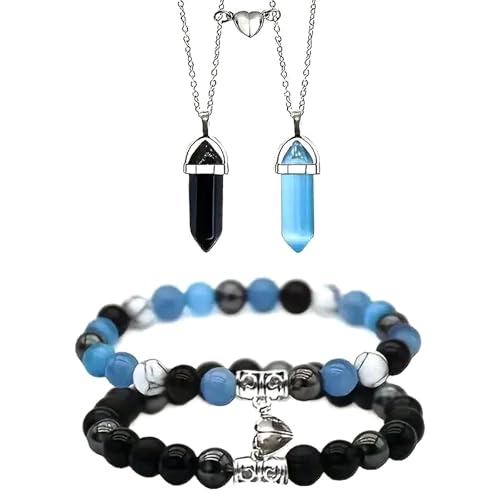 4Pcs Couples Bracelets Necklace Set for Women Men,Magnetic Couples Bracelets,BFF Friendship Bracelets and Necklace, His and Hers Heart Crystal Necklace,Long Distance Bracelets Necklace (Blue&Black)