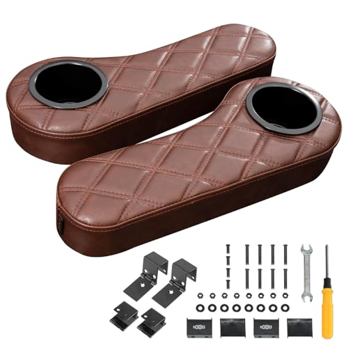 NOKINS Golf Cart Armrest with Cup Holder for EZGO Club Car Yamaha, No Drilling Required, Golf Cart Flip Hinged Armrest for Rear Seat with 1inch Square Tube Frame (Brown&Brown 8438)