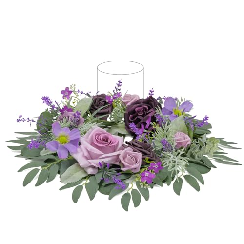 TINGE TIME Aritificial Flowers Candle Rings, 1 Pcs 15inch Diam Lavender & Plum Fake Rose Wreath Wedding Centerpieces for Tables Summer Garland for Front Door Weddings Party Ceremony Decor