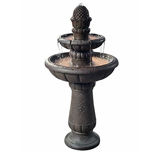 Teamson Home Deluxe Pineapple Pedestal 2 Tiered Floor Waterfall Fountain with Pump for Outdoor Patio Garden Backyard Decking, 39 Inch Height, Iron Gray