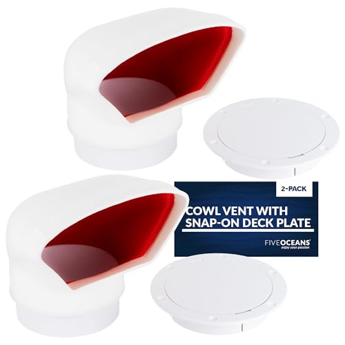 Five Oceans 3-Inch Cowl Vent with Snap-On Deck Plate and Cover, 2 Pack Low Profile UV-Resistant and Flexible PVC, Red Interior, for Air Intake or Cabin Ventilation - FO88-M2