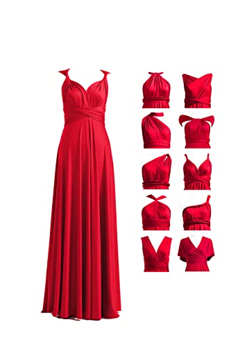 Women Sleeveless Off Shoulder Deep V Neck Bridesmaid Dress Long Maxi Casual Dress Convertible Dress with Bandeau Plus Size Red