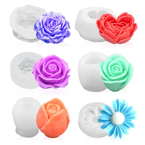 MUXIUNT 6Pcs Rose Flower Candle Resin Mold Silicone Flower Rose Mold for Candle Making Large 3D Heart Rose Tulip Daisy Peony Valentine Mother Day Silicone Candle Mold for Soy Wax Beeswax Resin Craft