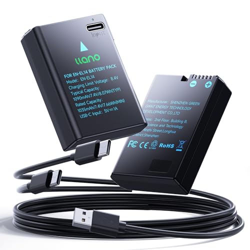 llano USB-C EN-EL14 EN-EL14a Battery for Nikon D5600 D3500 D5300 D3400 D3200 D3100 D5500 D3300 D5200 D5100 Cameras, 950mAh Huge Capacity, Fully decoded, 1.45H Full Charged (2 Pack)