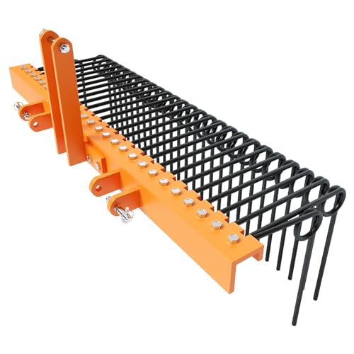 72 Inch 3 Point Tractor Rake, Pine Straw Needle Rake, Durable Powder Coated Steel Spring Landscape Rake Fit for Cat0, Cat1, Orange