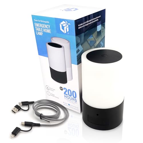 LFI Lights Emergency Table Lamp for Power Outages, 200+ Hr Rechargeable Light with USB Charger, 3-in-1 Cable, 3 Modes, Touch Sensor - Portable LED Lantern for Home Disaster Preparedness Black.
