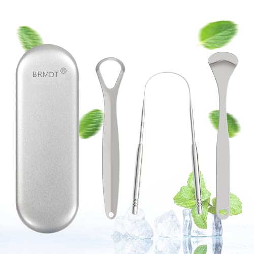 BRMDT Tongue Scrapers for Adults and Kids - Professional Tongue Cleaners Set for Oral Cleaning, Reduce Bad Breath, Medical Grade Stainless Steel Tongue Scrapers (3-in-1) with Carrying Case (Silver)