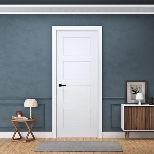 DOOR HARBOR 30" x 80" Prehung Interior Door, 4-Panel Shaker Design, Right Handing, White Primed, Solid Core, with Jambs Kit, Black Hinges, and Pre-Drilled Lock & Hinge Holes