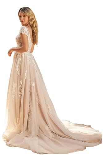 Cold Shoulder Lace Appliques Wedding Dresses for Bride V-Neck Wedding Gown with Train Satin Bridal Dresses for Women White 10