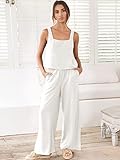 ANRABESS Women's 2 Piece Outfits Linen Pants Jumpsuit Matching Lounge Set Casual Summer Beach Vacation Trendy Clothes White Large