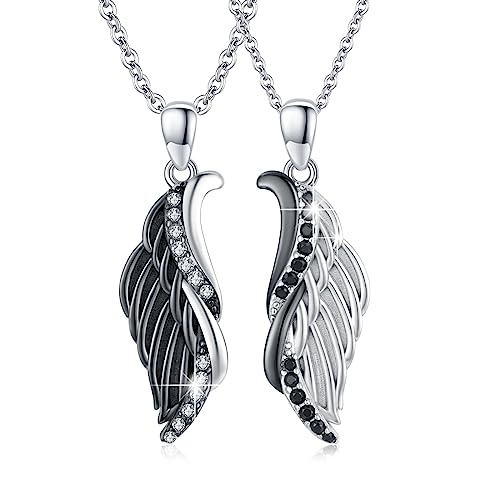 CUOKA MIRACLE Couple Wings Necklace, 925 Sterling Silver Couple Jewelry Guardian Angel Wings His and Her Matching Jewelry Wings Inlay Zircon Black and White Angel Pendant Gift for Couples Best Friends