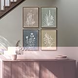 Boho Framed Botanical Wall Art for Living Room, Set of 4 Rustic Flower Canvas Paintings ArtWork for Walls, 4 Piece Vintage Minimalist Floral Neutral Prints for Hallway Bedroom Dining Room Kitchen Bathroom Wall Decor