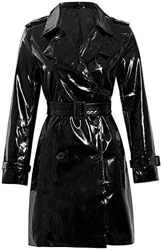 HiFacon Womens Fashion Outdoor Wet Look Clothing Trench Coat Raincoat Black Pu Leather Wear PVC