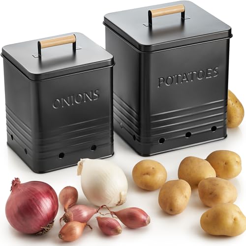 Beautiful Potato and Onion Storage Container Set - Perfectly Sized Spacious Canisters For Your Kitchen Counter Or Pantry - Quality Food Safe Metal Bins Keep Your Produce/Vegetables Fresh Longer