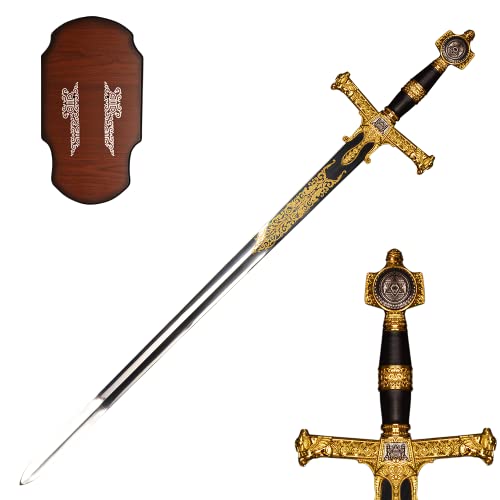 COSWOR 46.4" Solomon King Sword David Star Ceremonial Sword with Black Leather Handle for Collection, Display