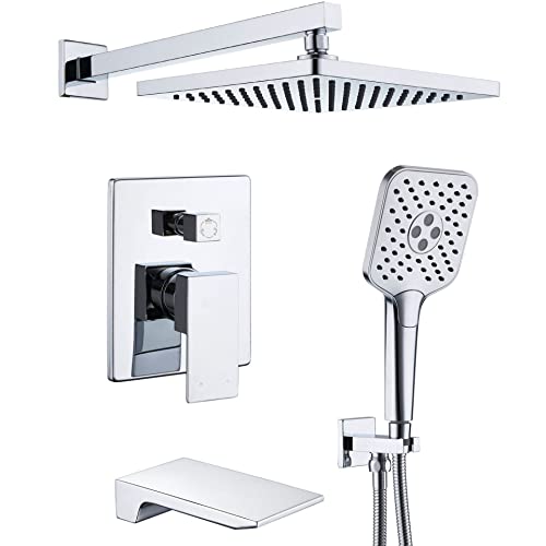 Gabrylly Shower System with Tub Spout, Wall Mounted Tub Shower Faucet Set for Bathroom with High Pressure 10" Rain Shower head and 3-Setting Handheld Shower Head Set,Chrome