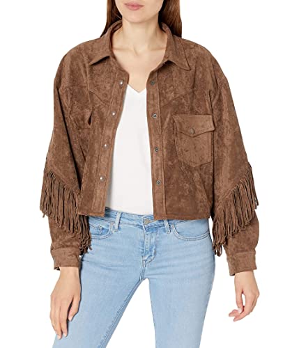 [BLANKNYC] womens Luxury Clothing Suede Fringe Shirt with Front Snap Closure Faux Leather Jacket, Hot Cocoa, Medium US