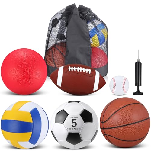 Libima 6 Pcs Multi Sport Ball Set Official Size Football, Basketball, Soccer, Volleyball, Playground Ball, Baseball with Sports Equipment Bag Pump for Teen Adult Back to School(Classic Style)
