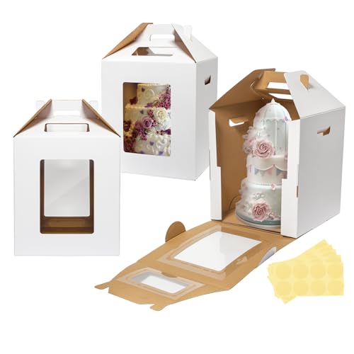 Wowxyz 3 Pack Tall Cake Boxes for Tier Cakes 16x16x18 Inch Disposable Layer Tall Baking Carrier with Window Large Tierd Bakery Take Out Transport Containers with Handle for Wedding, Birthday, Party