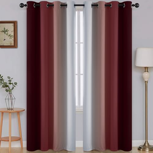 SimpleHome Ombre Room Darkening Curtains for Bedroom, Gradient Red to Grey White Light Blocking Thermal Insulated Grommet Window Curtain/Drapes for Living Room,2 Panels, 52x84 inches Length