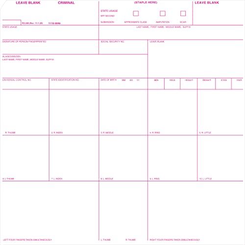 Crime Scene FD-249 Criminal Booking Card for arrests and incarcerations, Pack of 100