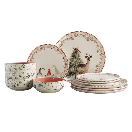 Corona 12-Piece Christmas Joyful Holiday Design Ceramic Dinnerware Sets | Plates and Bowls Set | Dishes Set For 4 | Ilusion