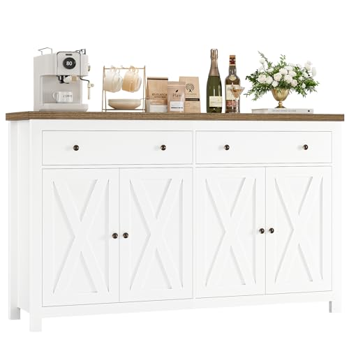 FOTOSOK Sideboard Buffet Cabinet with Storage, 55" Large Kitchen Storage Cabinet with 2 Drawers and 4 Doors, Wood Coffee Bar Cabinet Buffet Table Console Cabinet for Kitchen Dining Room, White