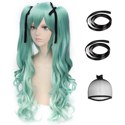 ANOGOL Long Green Cosplay Wig 3PCS Set (1 Hair Cap+2 Black Ribbons+1 Wig) With 2 Wavy Ponytails Costume Wig Synthetic Wig for Christmas Halloween Dress up Party