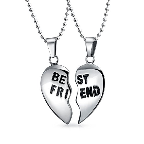 Bling Jewelry Break Apart 2PC Gift for BFF Best Friend Puzzle Heart Pendant Necklace for Women for Teen Silver Tone Stainless Steel