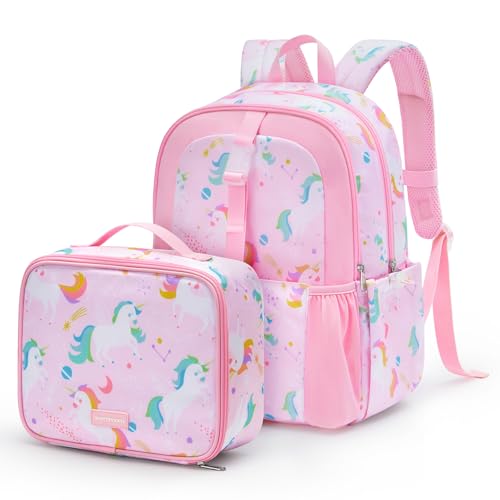 mommore Kids Backpack Set with Lunch Box, Lightweight Preschool Backpack for Girls, Water Resistance Elementary Student Bookbag for Kindergarten or Daycare