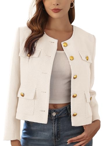 M.Infisavo 2025 Women Tweed Jacket Cropped Blazers Spring Summer Elegant Round Neck Pockets Business Casual Outfit, Beige, Medium