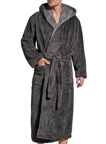 SlumberMee Mens Fleece Plush Robe with Hood Ultra Soft Fluffy Full Length Long with Pockets Luxurious House Coat (Dark Grey, XL)