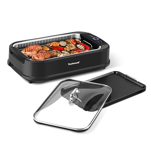 Indoor Grill, Techwood 1500W Smokeless Electric Grill with 2 in1 Nonstick Grill/Griddle Plates, Portable Korean BBQ Grill with 6-Level Control, Glass Lid, Dishwasher Safe, Double Plates, Black