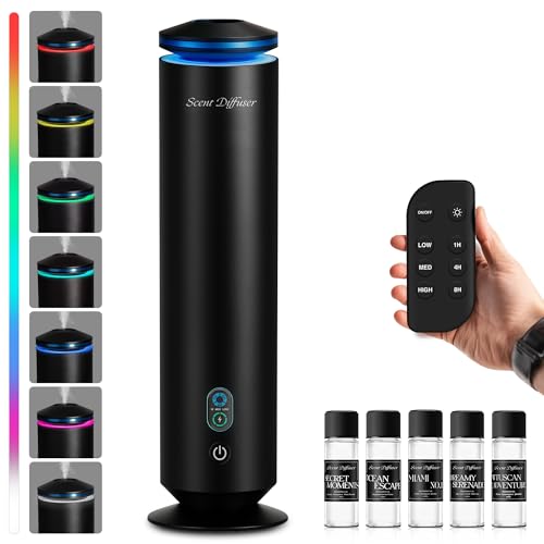 Waterless Scent Diffuser Starter Kit - 1500 Sq Ft Coverage, Scent Diffuser for Home, Hotel, Studio, Essential Oil Diffuser Large Room, 7 Mood Lights Setting, 5 Essential Oils Included, Black, 11.50In