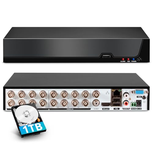 16 Channel DVR for Security Camera with 1TB Hard Drive,16CH DVR Supports 5MP/4MP/1080P AHD/TVI/CVI/CVBS/IP Cameras, 24/7 Surveillance Recording,Human Detection,Remote Access