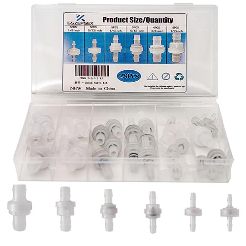 28 Pcs Plastic Check Valves, Plug-in Barb One Way Vacuum Check Valves for Liquids and Gases (1/8, 5/32, 1/4, 5/16, 3/8, 1/2 inch)