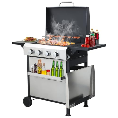 HANZIM 4 Burner Outdoor Griddle Grill Combo, 49200 BTU 2 in 1 Propane Gas BBQ Grill w/Enameled Cast Iron Grids and Stainless Steel Plancha, Portable Gas Grills Propane for Patio, Backyard Garden