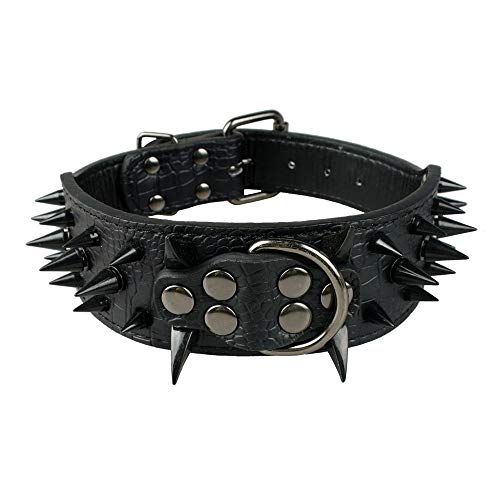 Pimaodog Sharp Spiked Studded Dog Collar 2 Inch Width Stylish Leather Dog Collars for Medium & Large Dogs Pitbull Labrador Boxer Rottweiler German Shepherd (L:19-22 inch, Black-1)