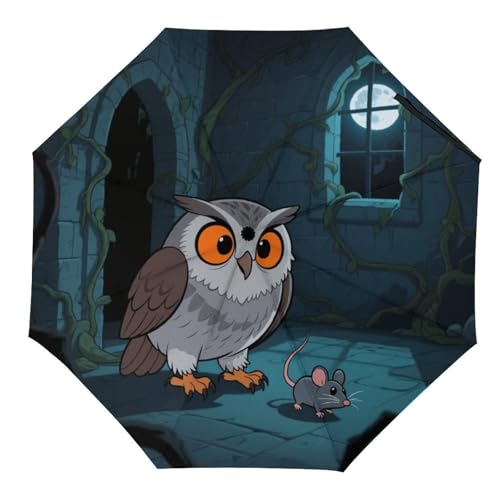 HGSKRENM Compact Windproof Travel Umbrella An Owl Catching Mice Printed Portable Parasol Small And Foldable Lightweight Automatic Folding Durable Suitable for Outdoor Activities Car And Walking
