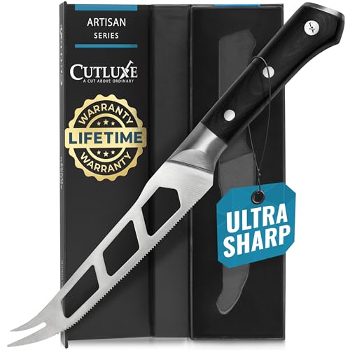 Cutluxe Cheese Knife – 5" Cheese Knife Slicer for Soft and Hard Cheese – Pronged, Serrated & Non Stick Blade – High Carbon German Steel, Full Tang & Ergonomic Handle Design – Artisan Series