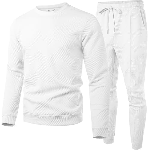 UOUA Men's 2 Piece Sweat Suits Set Long Sleeve Sweatshirt Jogging Sweatpants Tracksuits Outfits White XL