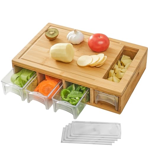 NOVAYEAH Bamboo Cutting Board with 4 Containers, Large Chopping Board with Juice Grooves, Easy-grip Handles & Food Sliding Opening, Carving Board with Trays for Food Storage, Transport and Cleanup