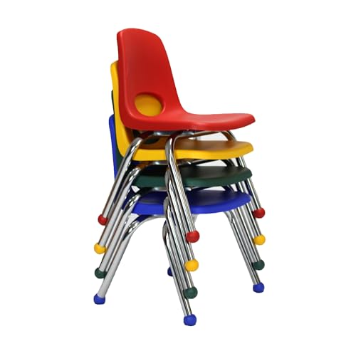 Factory Direct Partners 14003-AS 12" School Stack Chair, Stacking Student Seat with Chromed Steel Legs and Ball Glides for in-Home Learning or Classroom - Assorted (4-Pack)