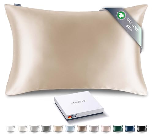 RENESSY Premium Silk Pillowcase 100% Organic Mulberry Silk, 22 Momme, Grade 6A - Oeko-Tex Certified in Germany - Luxury for Hair & Skin, 1 Piece (Standard Size 20x26 Inches, Champagne)